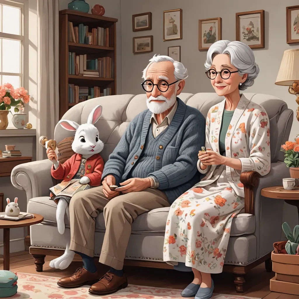 a painting of an elderly couple sitting on a couch with a bunny in front of them and a cat on the couch, fantastic realism, a storybook illustration, Chris LaBrooy, storybook illustration