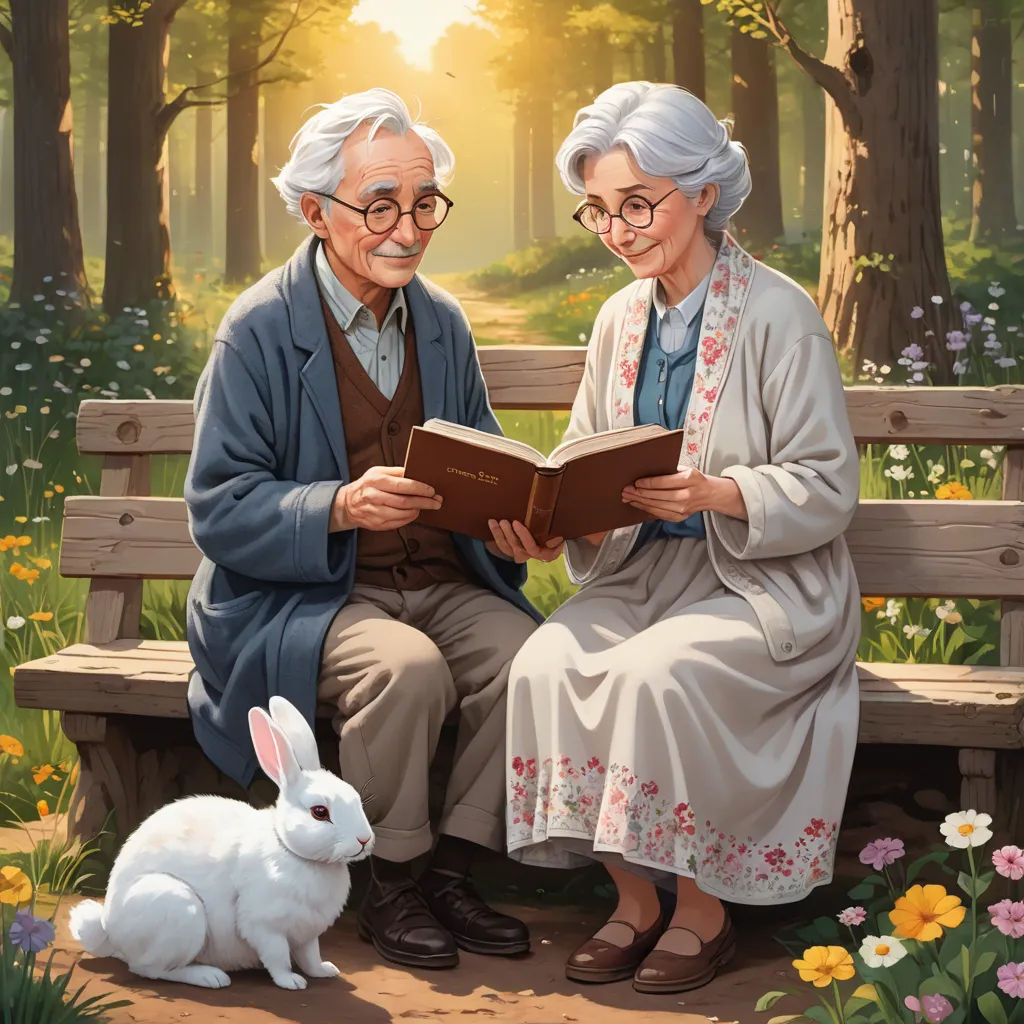 a painting of an elderly couple reading a book to a white rabbit in a park setting with flowers and trees, fantasy art, a storybook illustration, Chris LaBrooy, storybook illustration