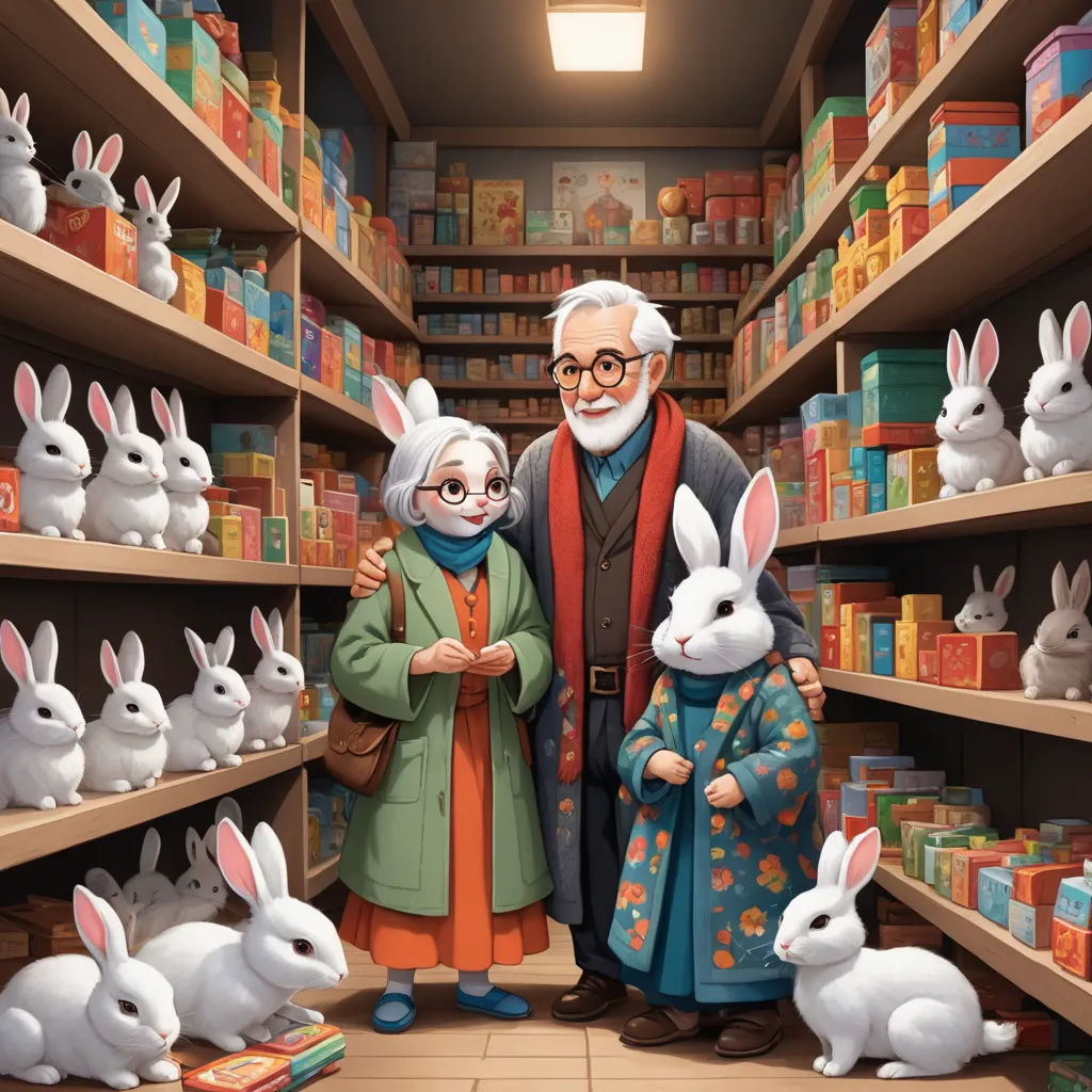 a man and woman standing in a store with rabbits on shelves behind them and a man in a red coat, magical realism, a storybook illustration, Chris LaBrooy, official art