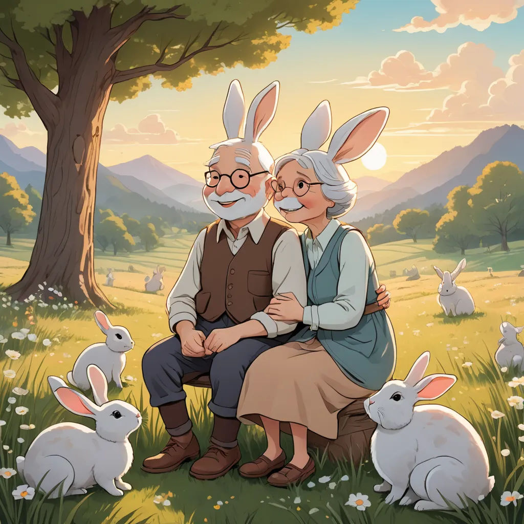 a couple of people sitting on a bench in a field with rabbits around them and a tree in the background, furry art, a storybook illustration, Chris LaBrooy, rossdraws global illumination