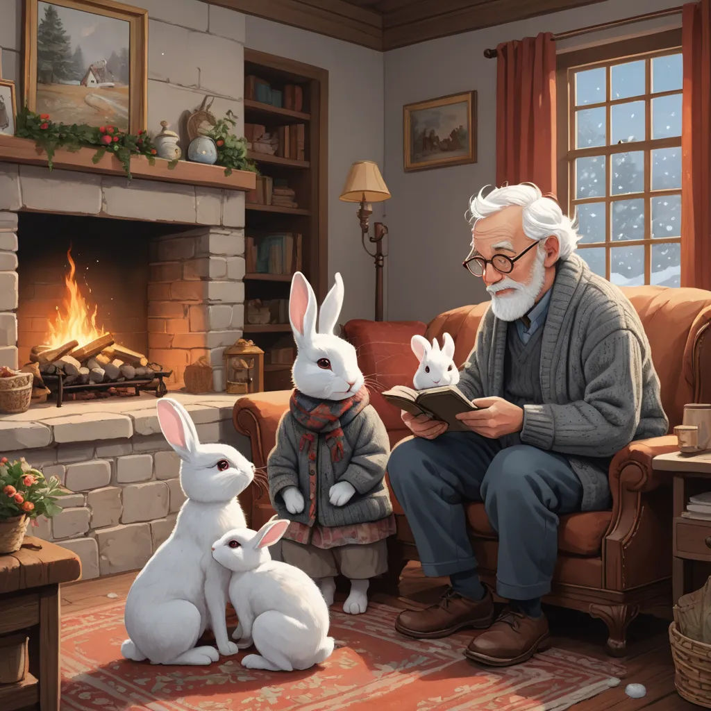 a man sitting in a chair reading a book to two rabbits in front of a fireplace with a fireplace man, furry art, a storybook illustration, Ernest William Christmas, storybook illustration