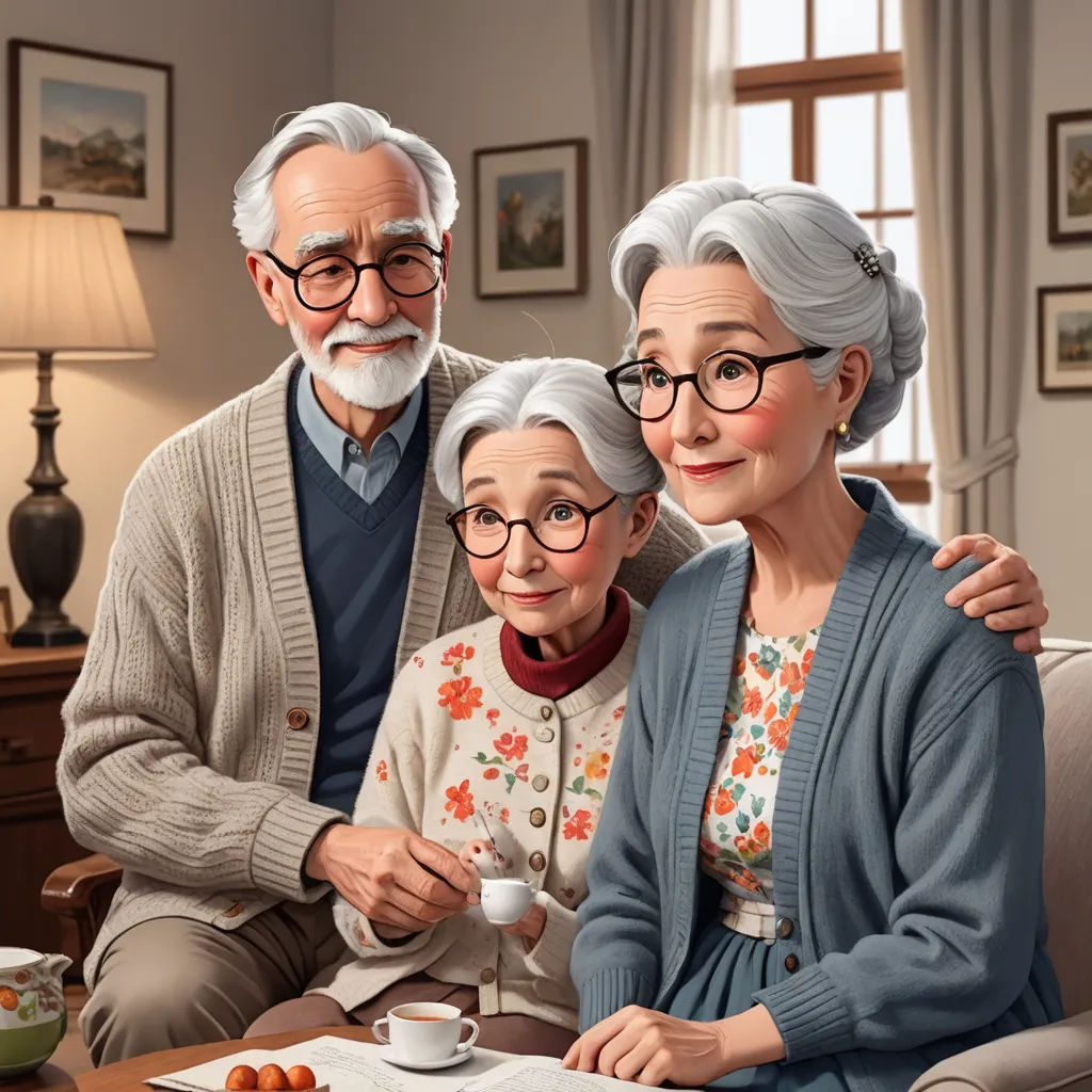 a painting of an elderly couple and their granddaughter sitting on a couch with a cup of coffee and a book, photorealism, a storybook illustration, Byeon Sang-byeok, cgstudio