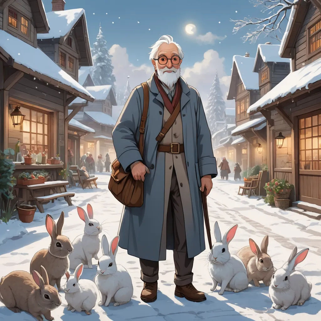 a man standing in front of a group of rabbits in the snow with a house in the background and a snow covered street, magical realism, a storybook illustration, Drew Struzan, official art