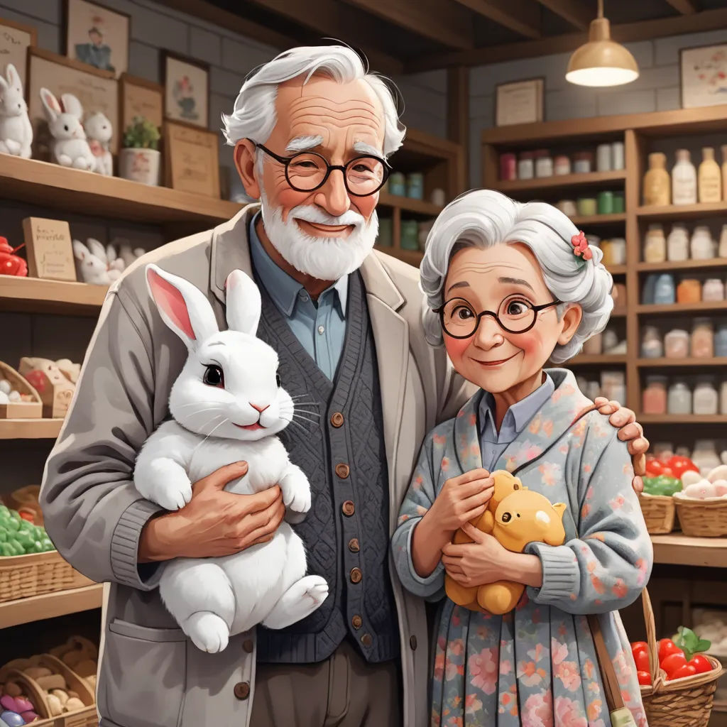 a man and woman holding a stuffed rabbit in a store with shelves of eggs and other items in the background, fantastic realism, a storybook illustration, Bob Byerley, storybook illustration