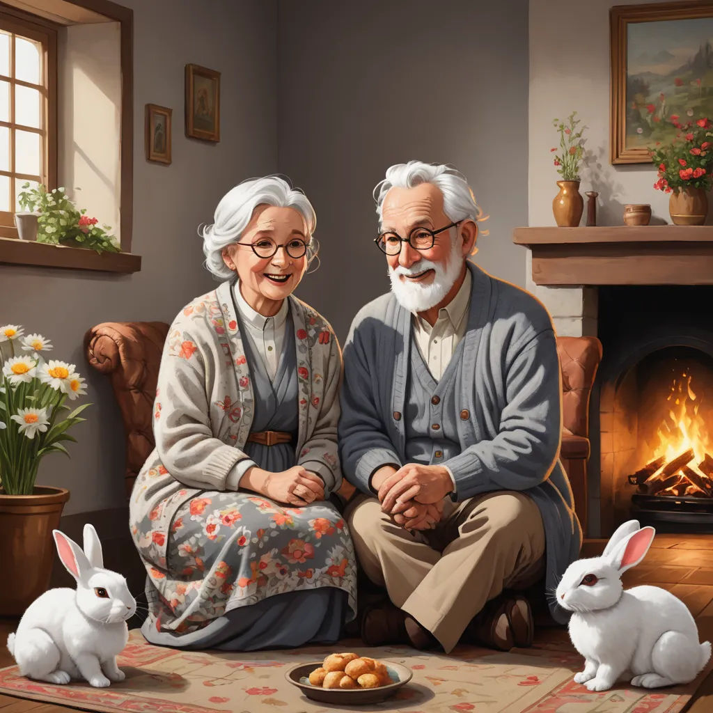 a painting of an elderly couple sitting next to a fireplace with a bowl of food and a plate of food, photorealism, a storybook illustration, Bob Byerley, highly detailed digital painting