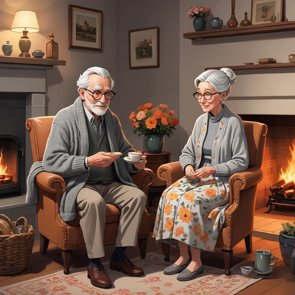 a painting of an elderly couple sitting in a chair in front of a fireplace eating a meal together with a cup of coffee, fantastic realism, a storybook illustration, Evgeny Lushpin, official art