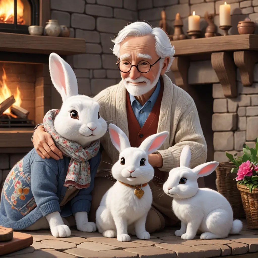 a man with a beard and glasses sitting next to two rabbits and a fireplace with a basket of flowers, furry art, a storybook illustration, David Brewster, official art