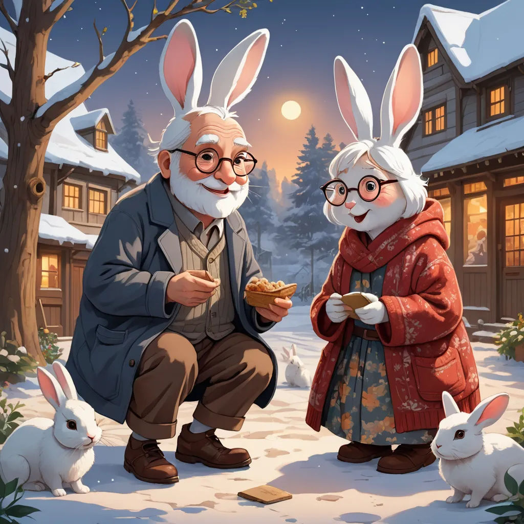 a couple of rabbits standing next to each other in front of a house with a snow covered yard and trees, fantasy art, a storybook illustration, Beatrix Potter, official art
