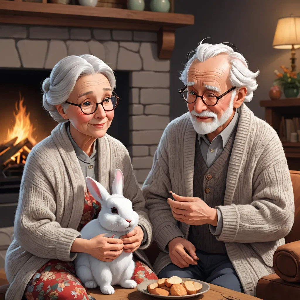 a painting of an elderly couple sitting next to a bunny and a plate of food in front of a fireplace, photorealism, a storybook illustration, Evgeny Lushpin, ultra realistic digital art