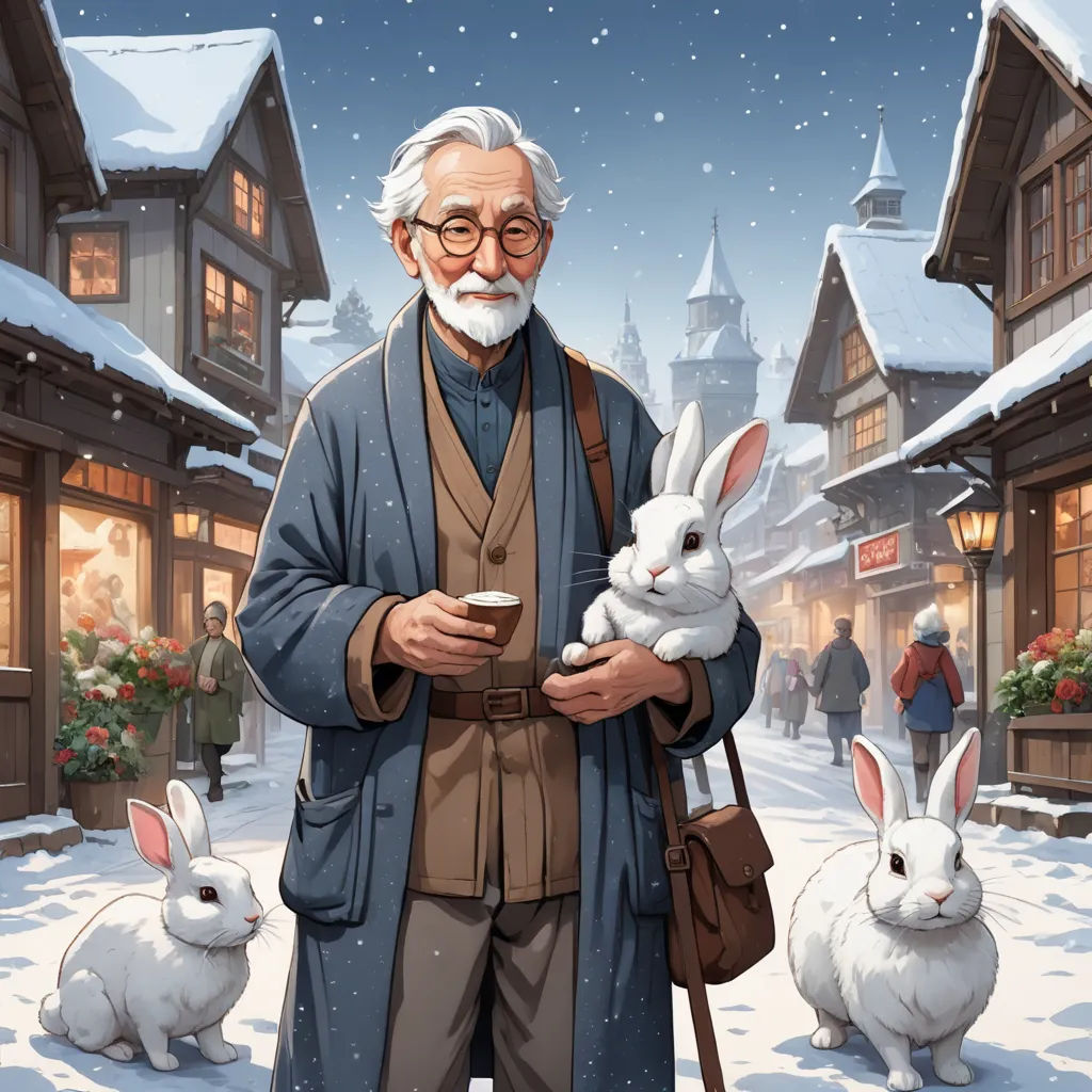 a man holding a cup and a white rabbit in front of a snowy village with shops and people in the background, magical realism, a storybook illustration, Evgeny Lushpin, official art