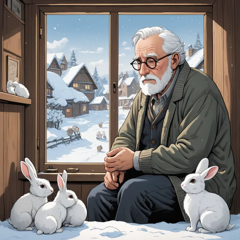 a man sitting in front of a window with rabbits in front of him and a snow covered village behind him, magical realism, a storybook illustration, Colin Middleton, official art