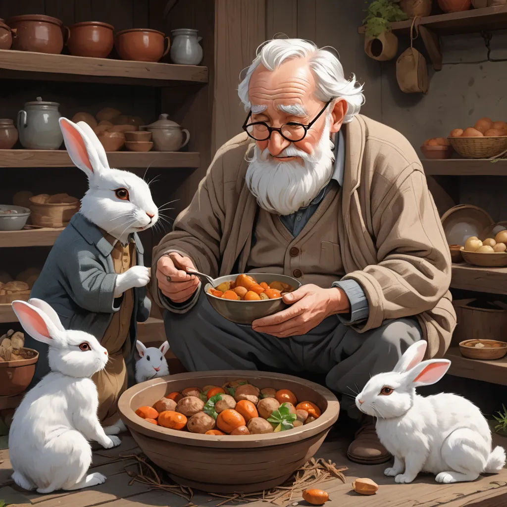 a painting of a man with two rabbits eating food from a bowl and a bowl of carrots in front of him, fantasy art, a storybook illustration, Beatrix Potter, highly detailed digital painting