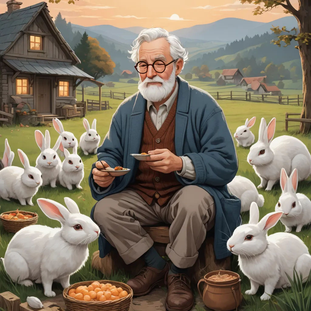 a painting of a man eating a plate of food with rabbits in the background and a house in the distance, magical realism, a storybook illustration, Aaron Jasinski, highly detailed digital painting