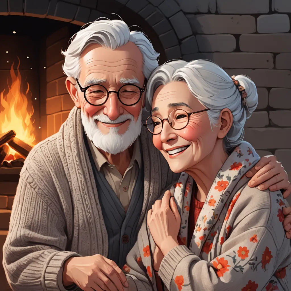 a man and woman are hugging in front of a fireplace with a fire place in the background and a fire place in the background, photorealism, a storybook illustration, Evgeny Lushpin, professional digital painting