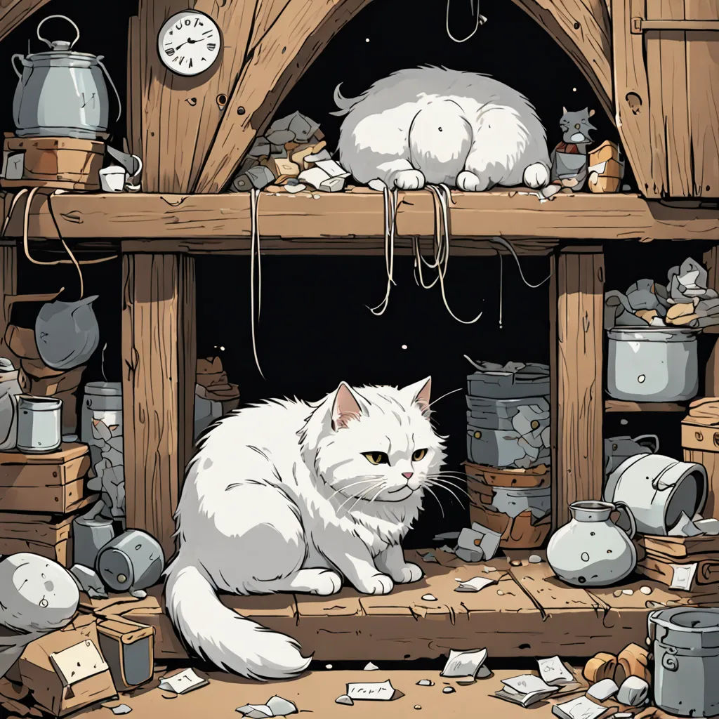 a cat sitting on a shelf in a room filled with junk and other items and a clock on the wall, fantasy art, a storybook illustration, Beatrix Potter, storybook illustration