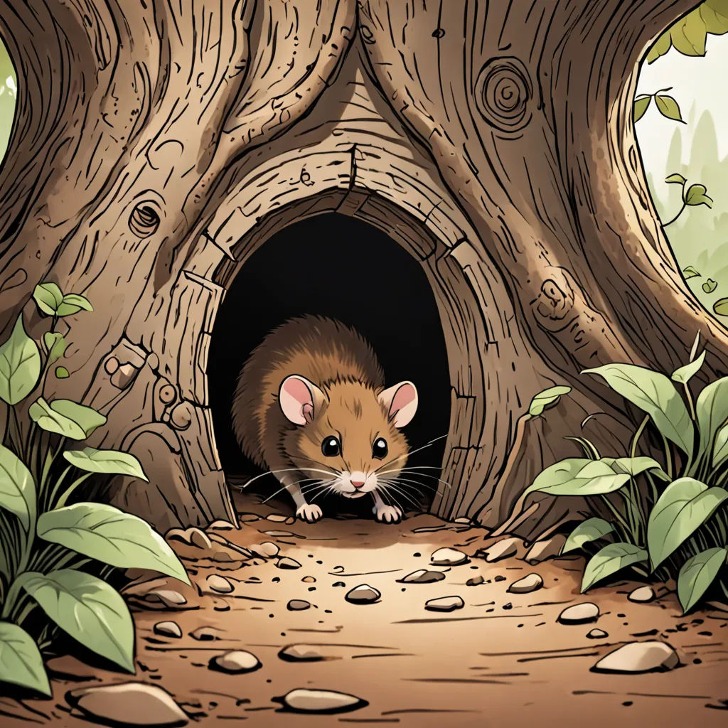 a mouse in a tree house in the woods with leaves and rocks around it, looking out from the entrance, sots art, a storybook illustration, Art Spiegelman, storybook illustration