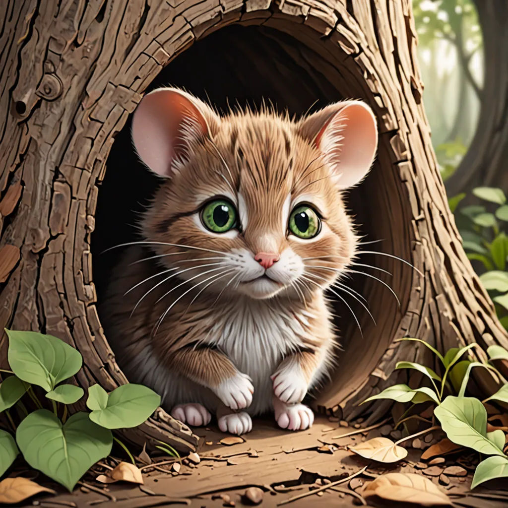 a cat sitting in a hollow in a tree trunk with leaves around it and a green eyed cat in the hole, furry art, a digital painting, Chris LaBrooy, highly detailed digital painting