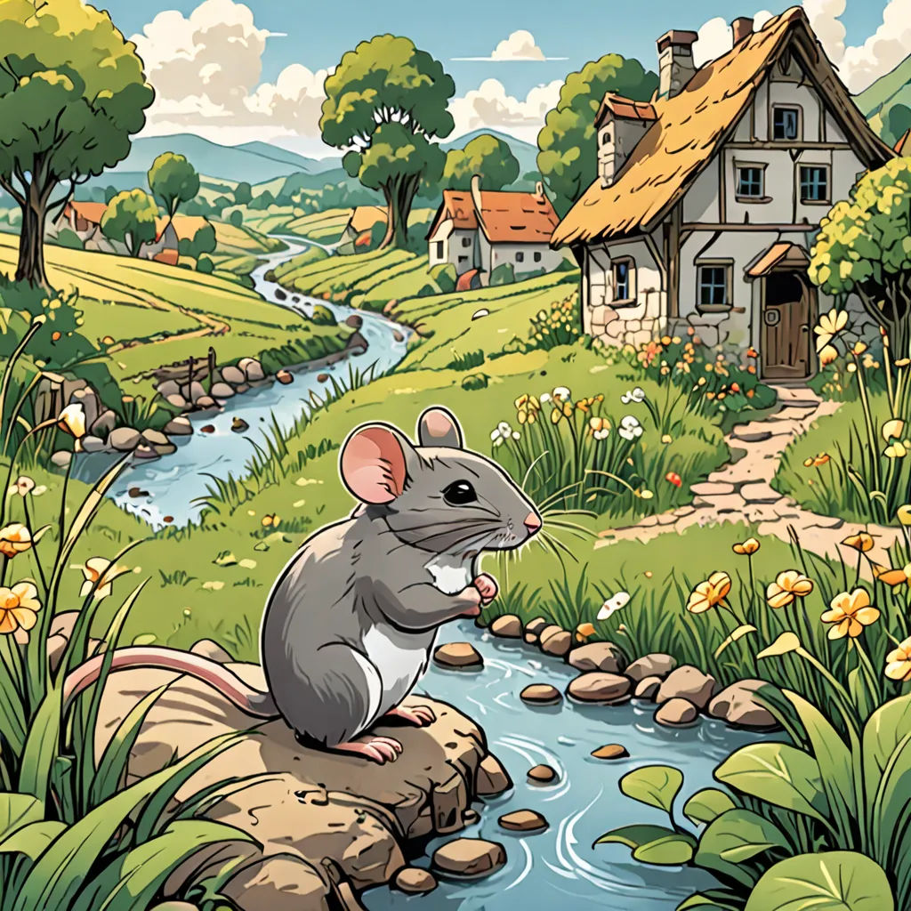 a mouse sitting on a rock in a field next to a river and a house with a thatched roof, fantasy art, a storybook illustration, Chris LaBrooy, storybook illustration