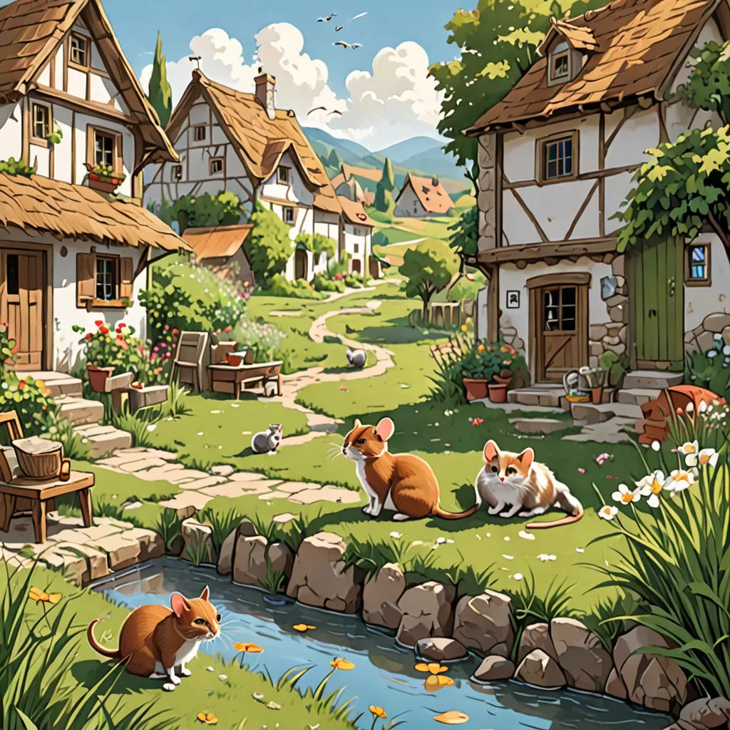 a painting of a small village with a river running through it and a couple of animals sitting on the grass, fantasy art, a storybook illustration, Chris LaBrooy, kinkade