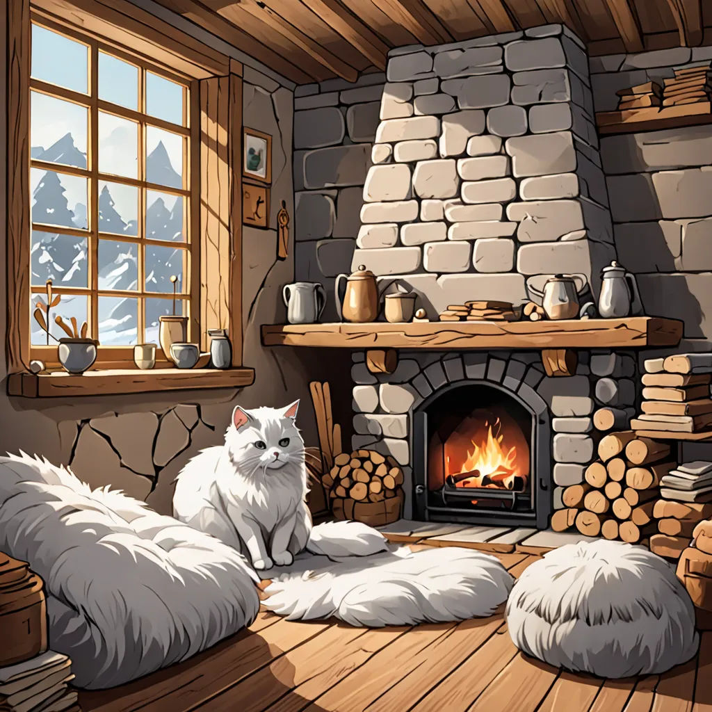 a cat sitting on a bed in front of a fireplace in a room with logs and a window with a mountain view, furry art, a storybook illustration, Anne Said, official art