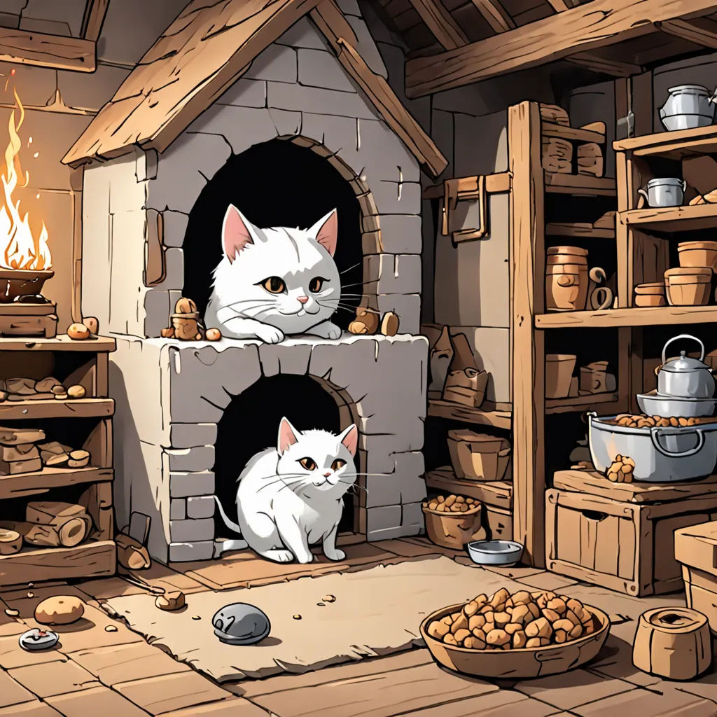 a cat sitting in a fireplace in a room with a fire place and a fire place in the fireplace, fantasy art, a storybook illustration, Beatrix Potter, official art
