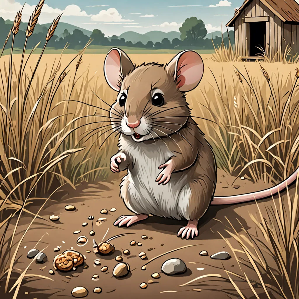 a mouse sitting in a field of wheat near a house and a birdhouse with a birdhouse in the background, sots art, a storybook illustration, Chris LaBrooy, storybook illustration
