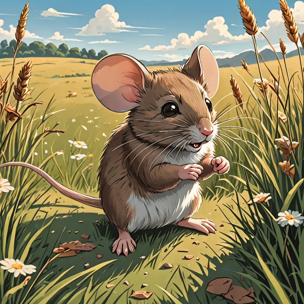 a mouse sitting in a field of grass and flowers with a sky background and clouds in the background,, altermodern, a storybook illustration, Chris LaBrooy, official art