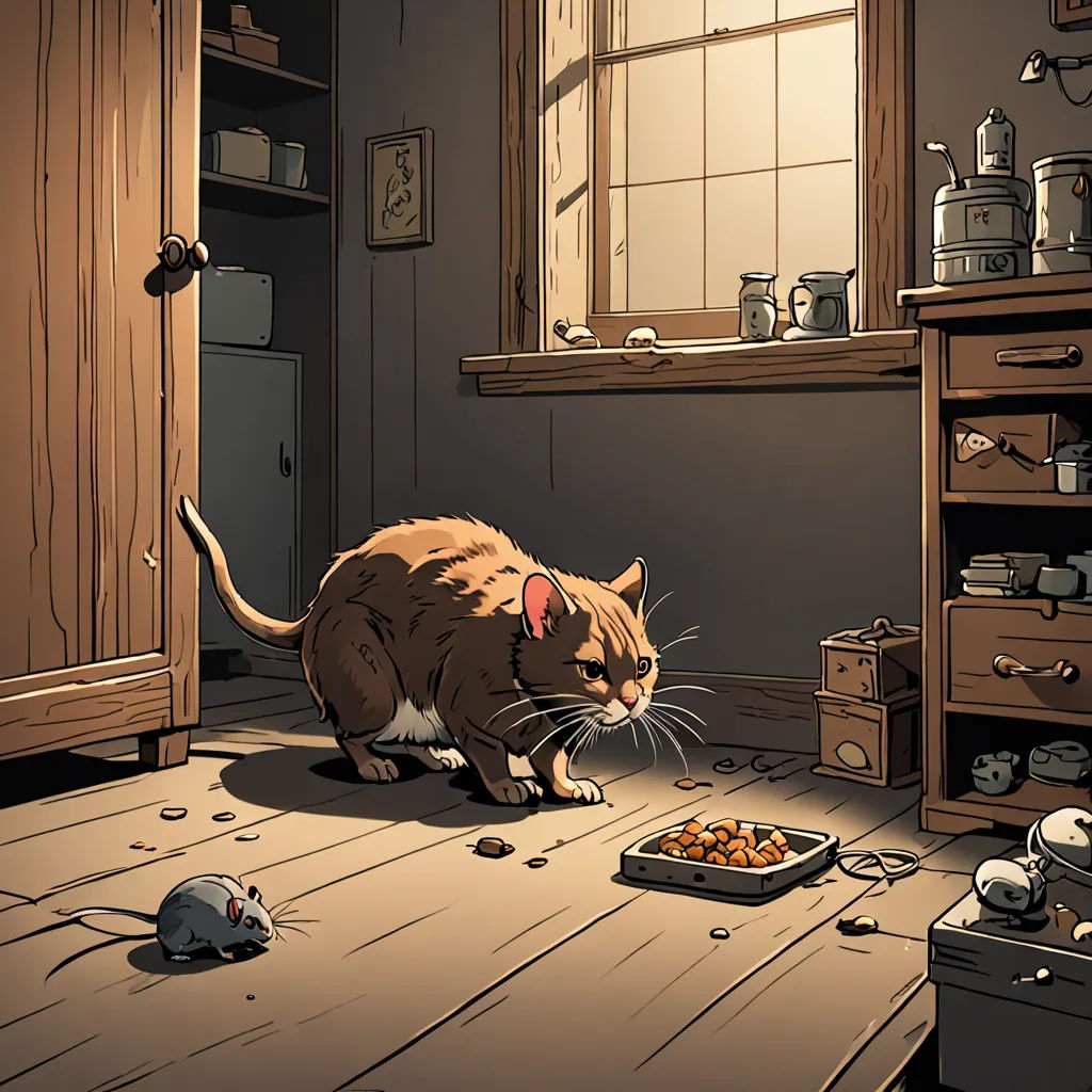 a cat is eating food from a dish on the floor in a room with a window and a cabinet, sots art, a storybook illustration, Dan Mumford, storybook illustration