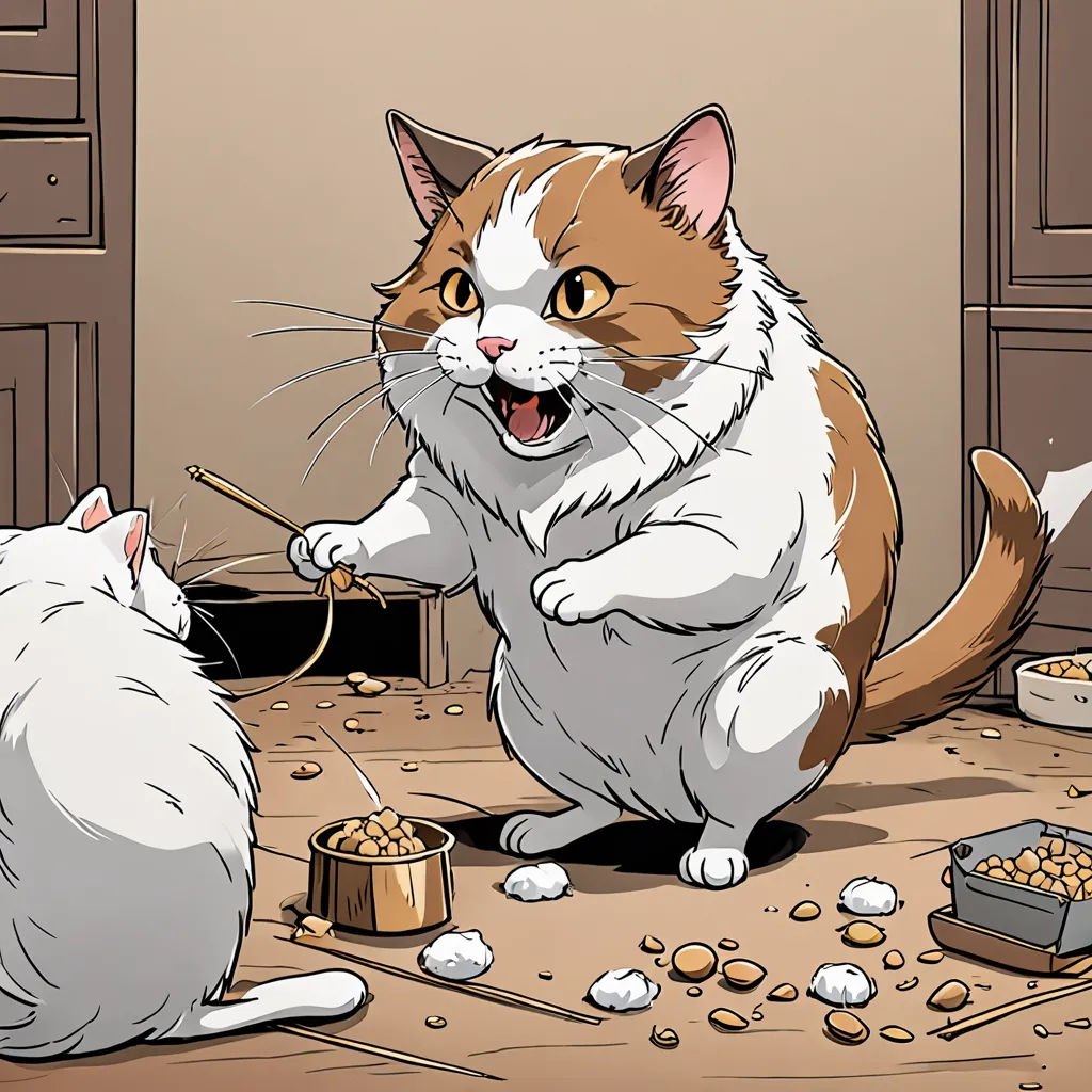 a cat is playing with another cat in a room with a cat bowl and a cat brush and a cat bowl, furry art, a comic book panel, Chippy, official art