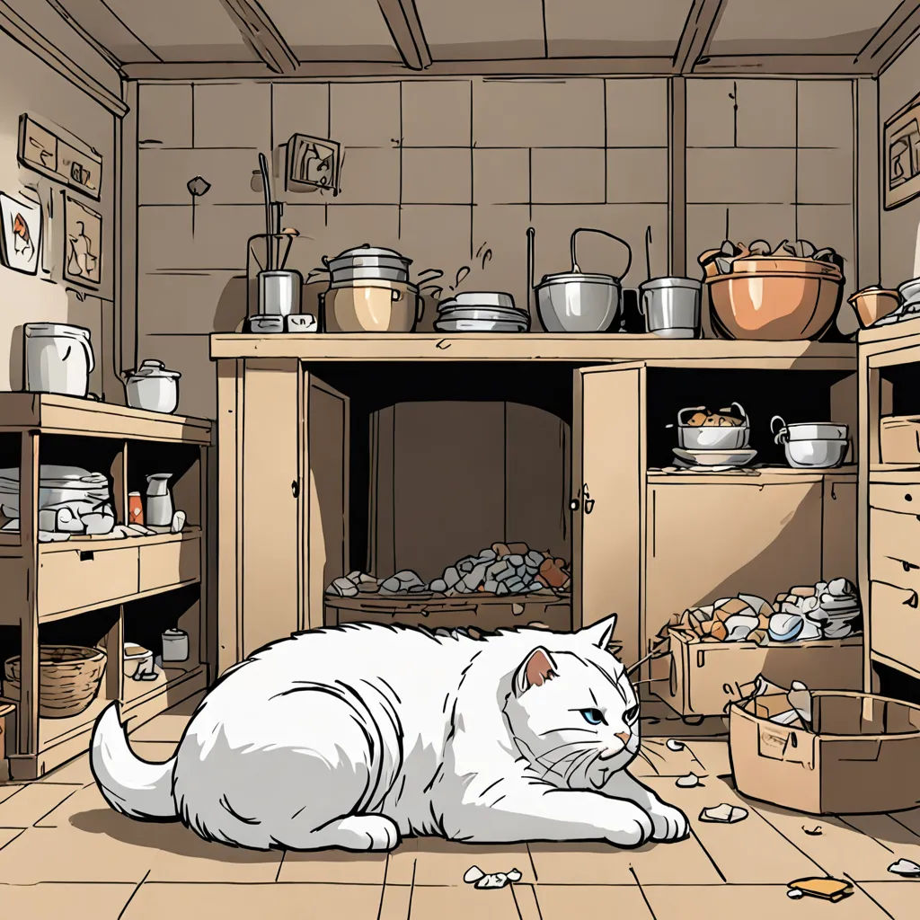 a cat is sitting in a messy kitchen area with a lot of clutter on the floor and shelves, context art, a storybook illustration, Beatrix Potter, ghibli