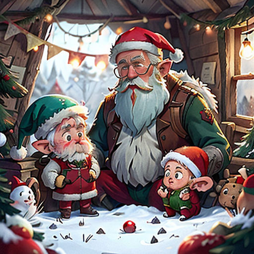 a group of elves standing next to each other in front of a christmas tree and a man in a santa suit