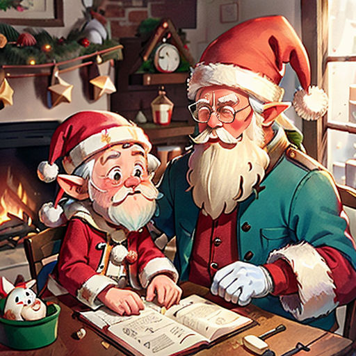a couple of santas sitting at a table with a book in front of them and a fireplace in the background