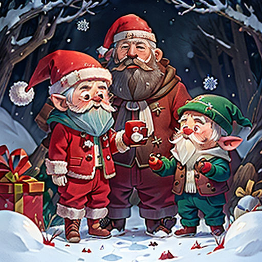 a group of elves standing next to each other in the snow with presents in front of them and a christmas tree