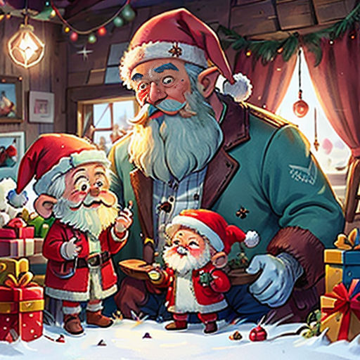 a group of santa clauss standing in front of a christmas tree with presents in front of them and a man in a santa hat