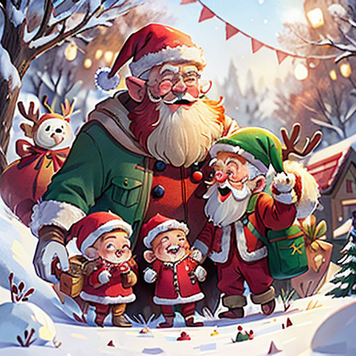 a group of santa clauss standing in the snow with a christmas tree in the background and a banner with a christmas message