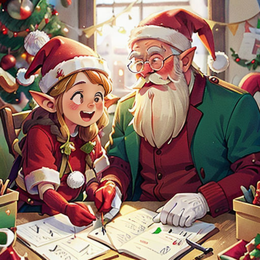 a couple of elves sitting at a table with a christmas tree in the background and a santa clause writing on a piece of paper