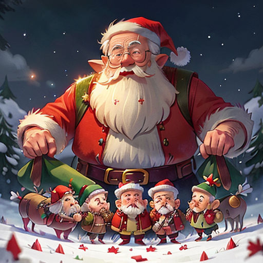 a santa clause with a group of elves in front of him and a christmas tree in the background with snow