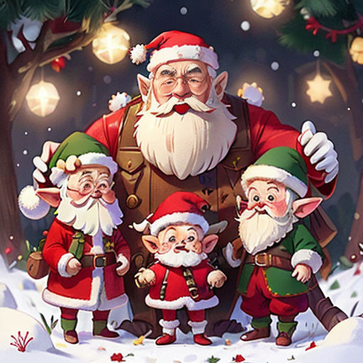 a group of santa clauss standing in the snow with lights on the trees behind them and a christmas tree in the background