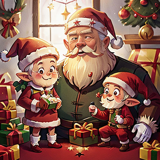 a christmas card with santa and elves around a table with presents and presents on it, and a window