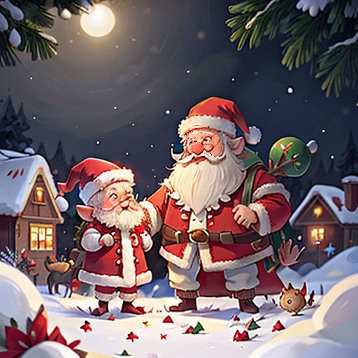 a couple of santas walking through a snow covered forest at night with a full moon in the background