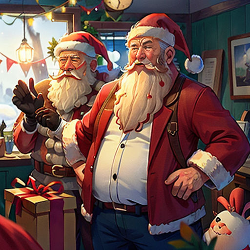 a couple of santas standing next to each other in a room with christmas decorations and presents on the table