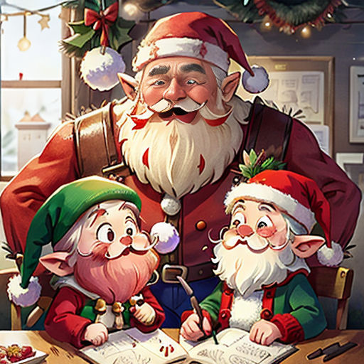 a painting of santa claus and his elves sitting at a table with a book and pen in front of them