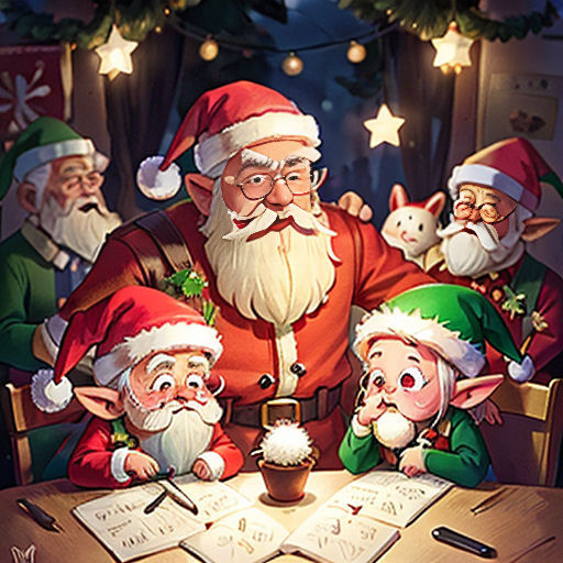 a group of elves sitting around a table with a santa clause on it's face and a list of elves on the table
