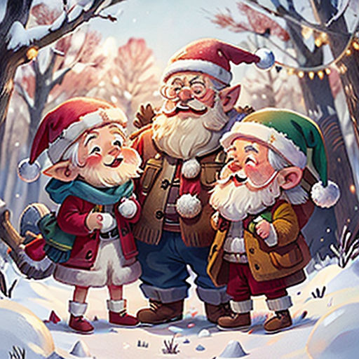 a group of elves standing in the snow together with santa clauss on their backs and a man in a red hat