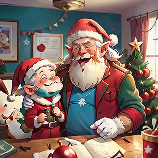 a painting of santa claus and a elf at a table with a book and a christmas tree in the background