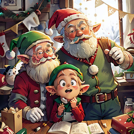 a group of elves standing around a table with a book and a christmas tree in the background with presents