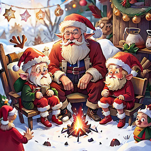 a painting of santa claus and his elves sitting in a sleigh with a fire in the middle