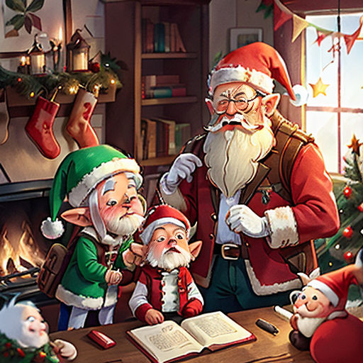 a group of elves standing around a table with a book and christmas decorations on it, and a fireplace