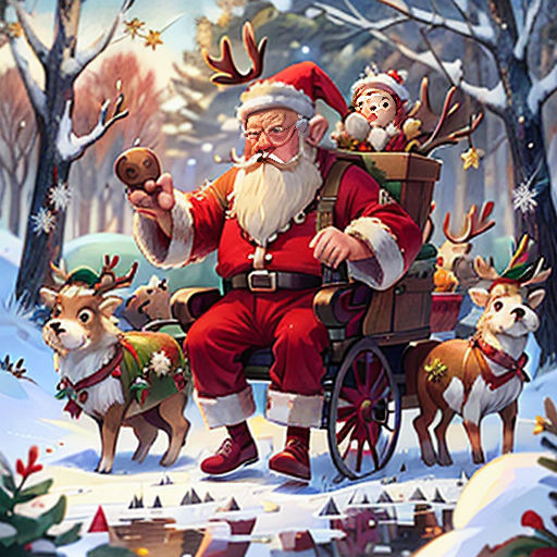a santa clause is riding in a sleigh with reindeers and a dog on it's back