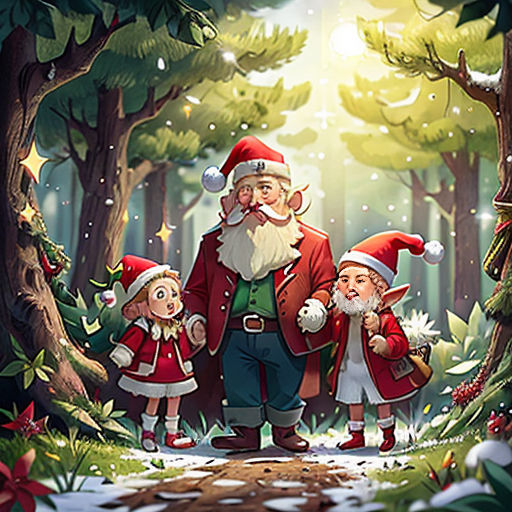 a painting of santa claus and his elves in the woods with a christmas tree in the background and a snowman in the foreground